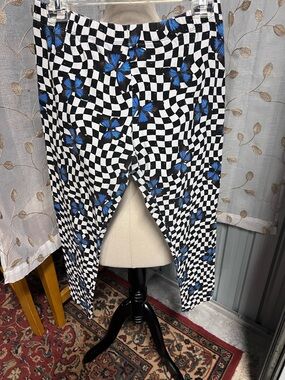 Black & White Checker Leggings with Blue Butterfly Print